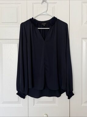 Current Air Navy Ruffle-Trim Long Sleeve Blouse